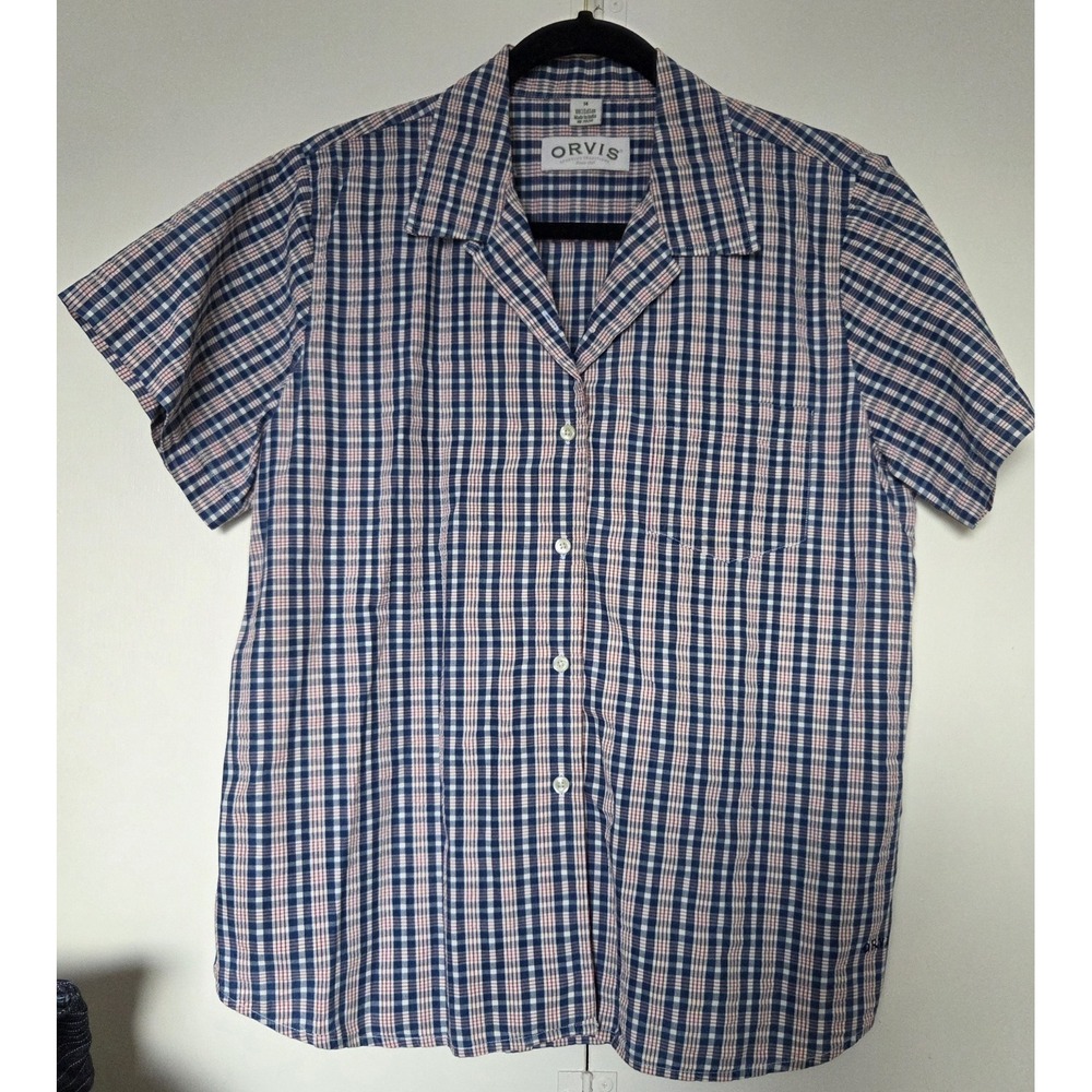 Orvis Womens Red/White/Blue Plaid Button Short Sleeve Shirt Size 14 ~EUC~